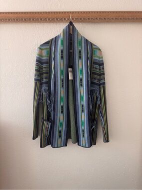 BCBG Multicolor Striped Fringe Cardigan in Blue, Green & Yellow